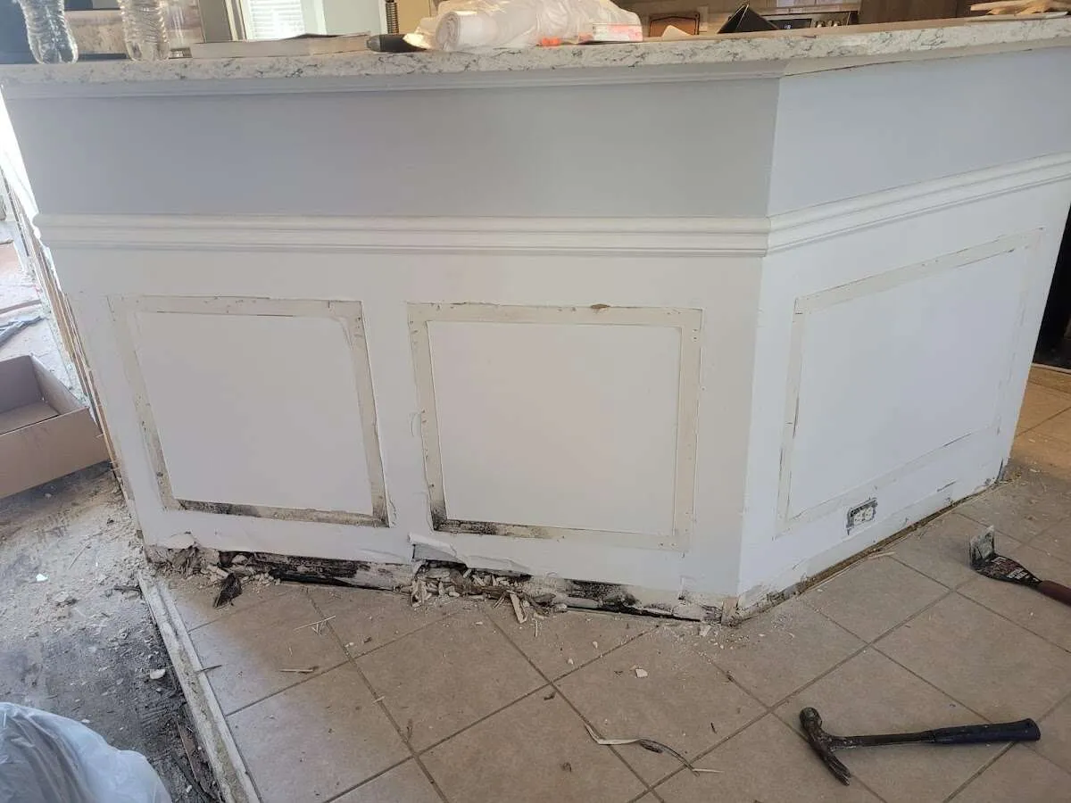 Water damage and mold on kitchen during Sewage Cleanup & Sanitation in Moss Point
